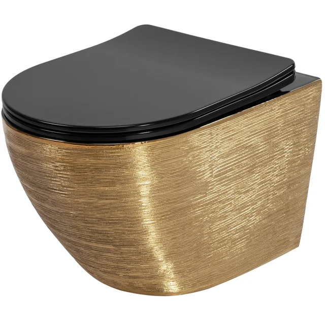 Carlo Mini Randloze Platte wandtoiletpot, zwart, geborsteld goud