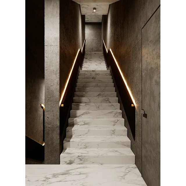 Carrelage d'escalier en marbre avec GREY VEIN, GREY STREAM 120x30 HIGH GLOSS
