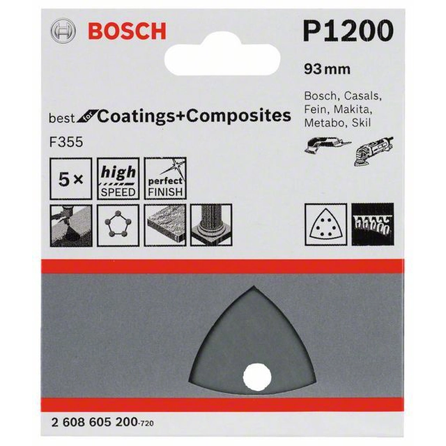 Carta vetrata BOSCH F355, confezione 5 pz.93 mm,1200