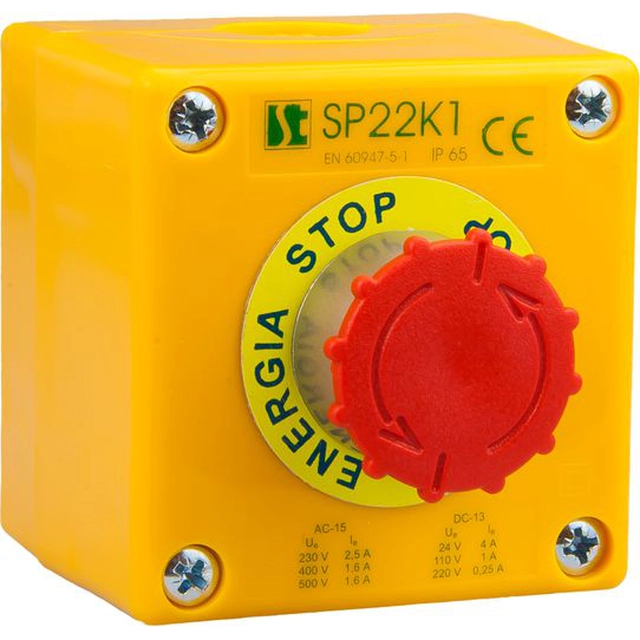 Casetă Spamel cu buton de siguranță pentru rotire 1R IP65 galben 1x cutie de umplere M20 (SP22K15-1)