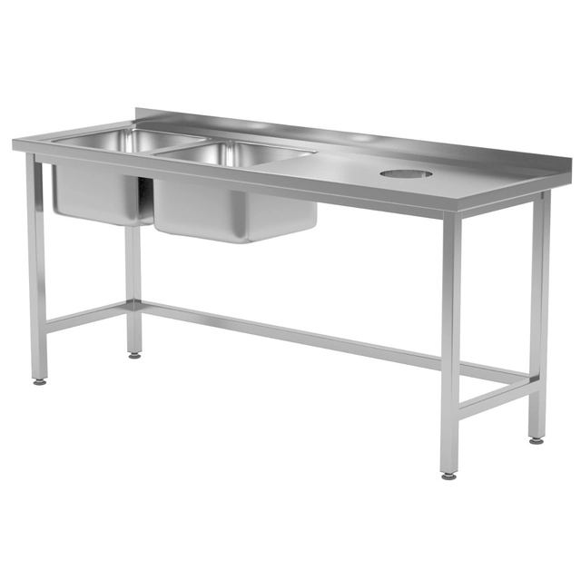 Cateringbord i rostfritt stål med 2 diskbänkar + hål 150x60x85 Polgast 246156