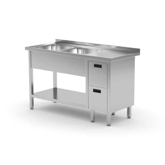 Cateringbord i rustfrit stål med 2 vaske + 2 Skuffer + hylde 180x60x85 Polgast 225186