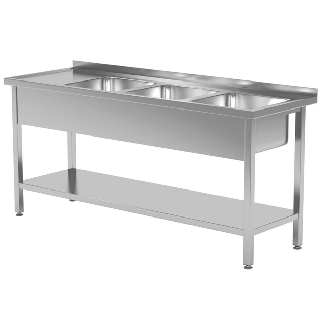 Cateringbord i rustfrit stål med hylde + 3 Vasker 160x70x85 Polgast 224167