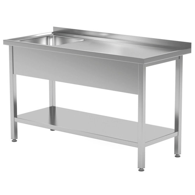 Cateringbord i rustfrit stål med hylde + vask 140x60x85 Polgast 212146