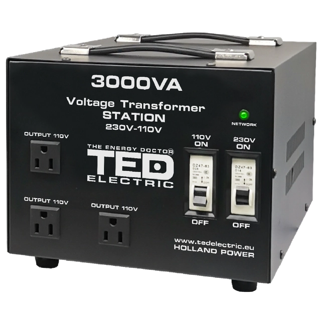 Transformer 230-220V to 110-115V 3000VA/2400W with housing TED000248