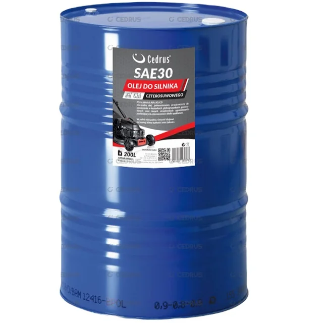 CEDRUS ENGINE OIL SAE30 BARREL 200L ДЛЯ ДВИГУНІВ КОСАРОК, ТРАКТОРІВ, КОРІНЦІВНИКІВ, ПІДМІТАЛЬНИХ МАШИН NAC, OLEO-MAC, STIHL, B&S Briggs & Stratton, HONDA, SUBARU та ін. для чотиритактних двигунів - EWIMAX -