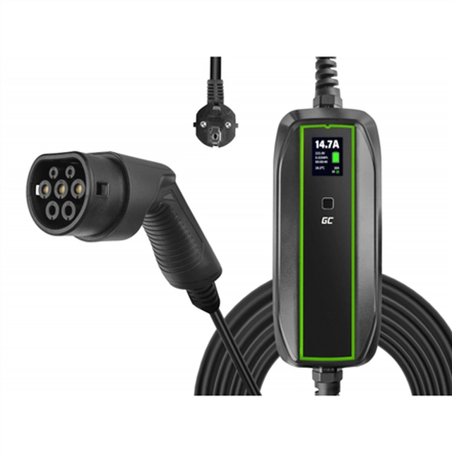 Cellule verte | EV16 | Chargeur mobile GC EV PowerCable 3.6kW Schuko Type 2 pour charger les voitures électriques et les hybrides rechargeables | 3.6 kW | 10/16 A | 6.5 m | Noir