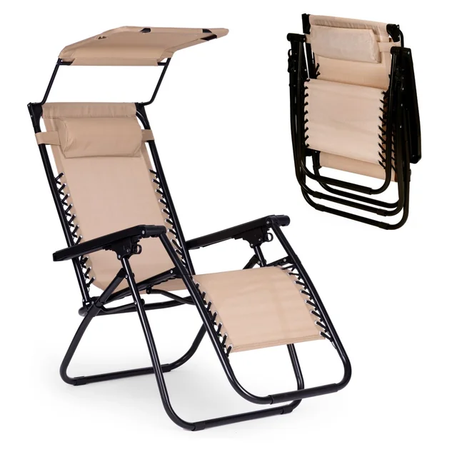 Chaise longue de plage de jardin, dossier réglable, auvent mobile, Modernhome - beige