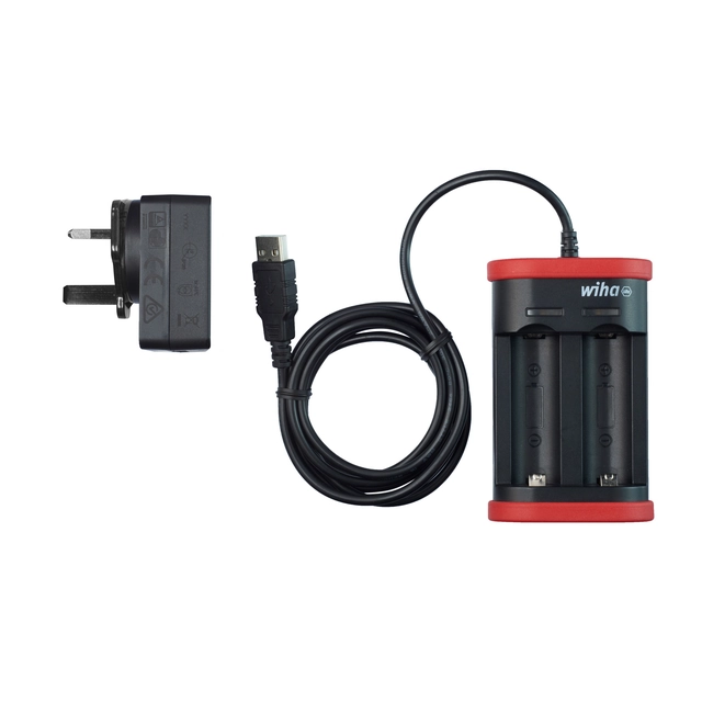 Charger for 18500 Li-ion battery with USB port and UK plug