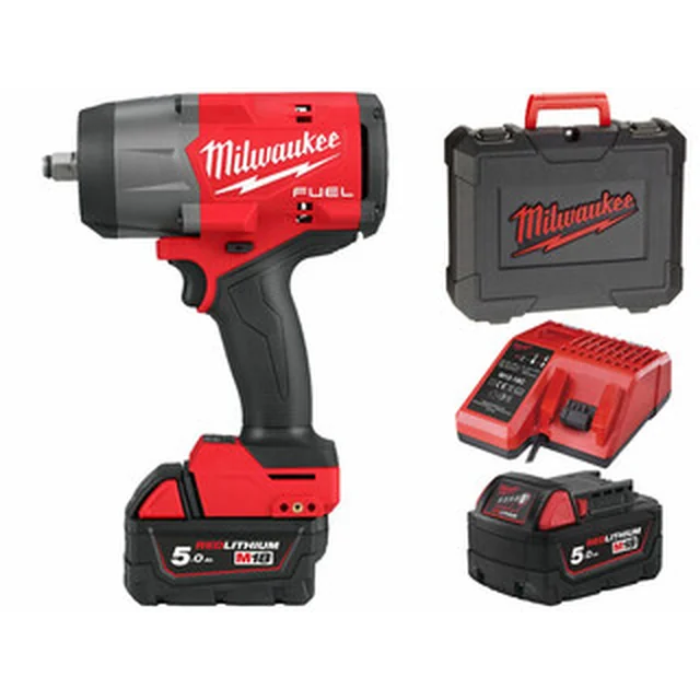 Chave de impacto sem fio Milwaukee M18 FHIW2F12-502X com porta-bits 18 V | 1491 Nm | 1/2 polegadas | Carbono sem escova | 2 x 5 Ah bateria + carregador | No caso de serviço pesado