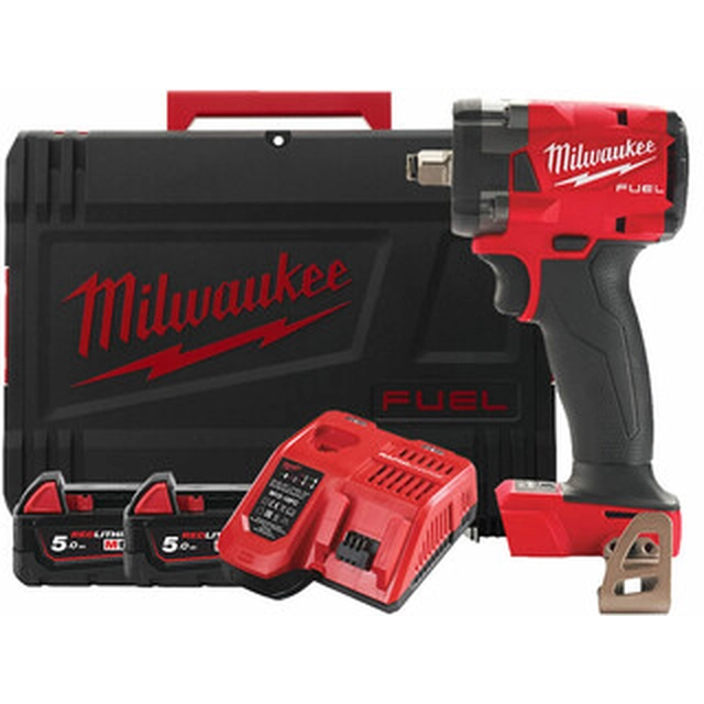 Chave de impacto sem fio Milwaukee M18FIW2F12-502X 18 V | 34 Nm/102 Nm/203 Nm/339 Nm | 1/2 polegadas | Carbono sem escova | 2 x 5 Ah bateria + carregador | No caso de serviço pesado