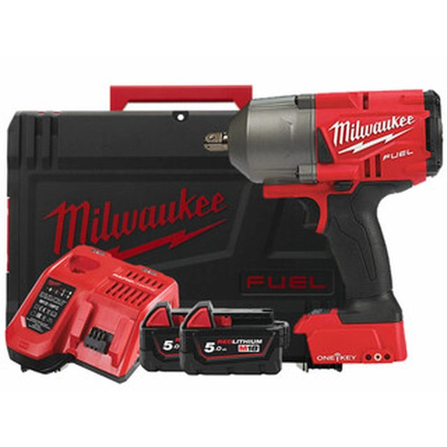 Chave de impacto sem fio Milwaukee M18ONEFHIWP12-502X 18 V | 190 Nm/400 Nm/1017 Nm | 1/2 polegadas | Carbono sem escova | 2 x 5 Ah bateria + carregador | No caso de serviço pesado