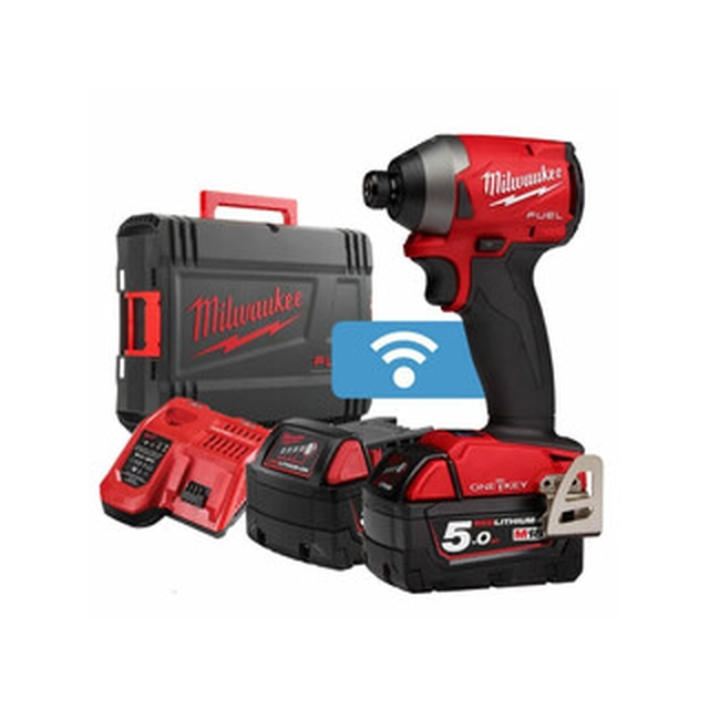 Chave de impacto sem fio Milwaukee M18ONEID2-502X com porta-bits 18 V | 119 Nm/176 Nm/226 Nm | 1/4 polegadas | Carbono sem escova | 2 x 5 Ah bateria + carregador | No caso de serviço pesado