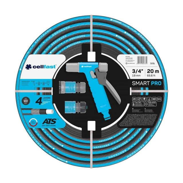 Chytrá sada 20 m 3/4" NOVINKA, sada obsahuje: SMART zahradní hadice 3/4" 20mb, pistolový sprinkler HYDRON, IDEÁLNÍ dorazové a průjezdové rychlospojky,