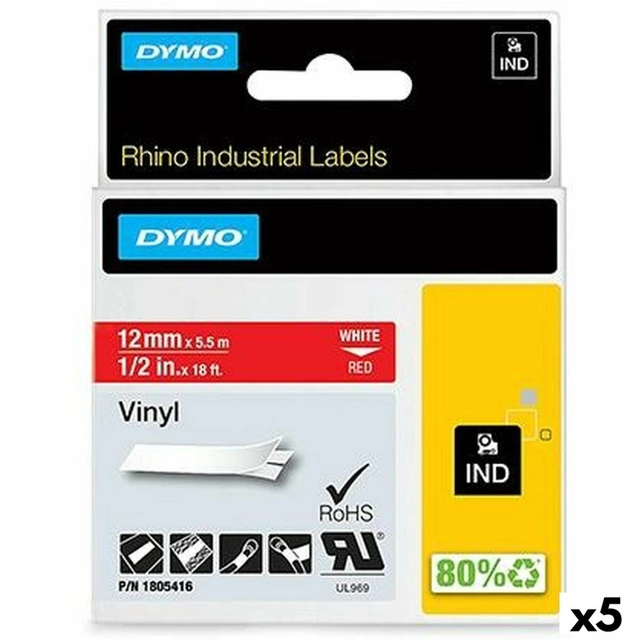 Cinta de impresora de etiquetas laminadas Rhino Dymo ID1-12 12 x 5,5 mm Pegatinas autoadhesivas rojas y blancas ((5 piezas)