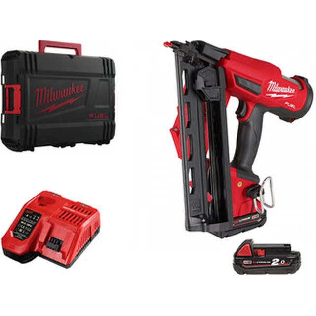 Cloueur de structure sans fil Milwaukee M18FN16GA-202X 18 V | 32 - 64 mm | Diamètre 1,6 mm | 20 ° | Carbone sans balais | 2 x 2 Ah batterie + chargeur | Dans un coffret Heavy Duty