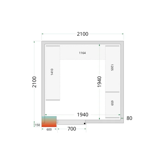 Cold store, cold room, complete 2100 x 2100 x 2200 mm CRPF2121