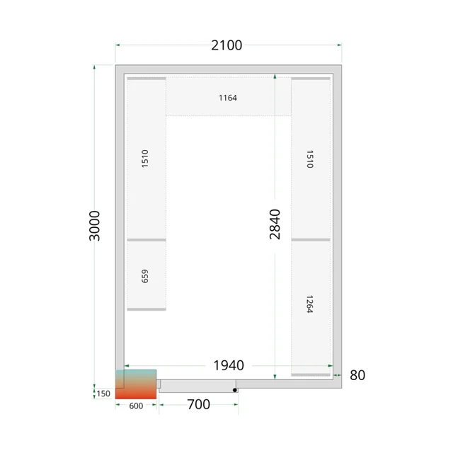 Cold store, cold room, complete 2100 x 3000 x 2200 mm CRPF2130