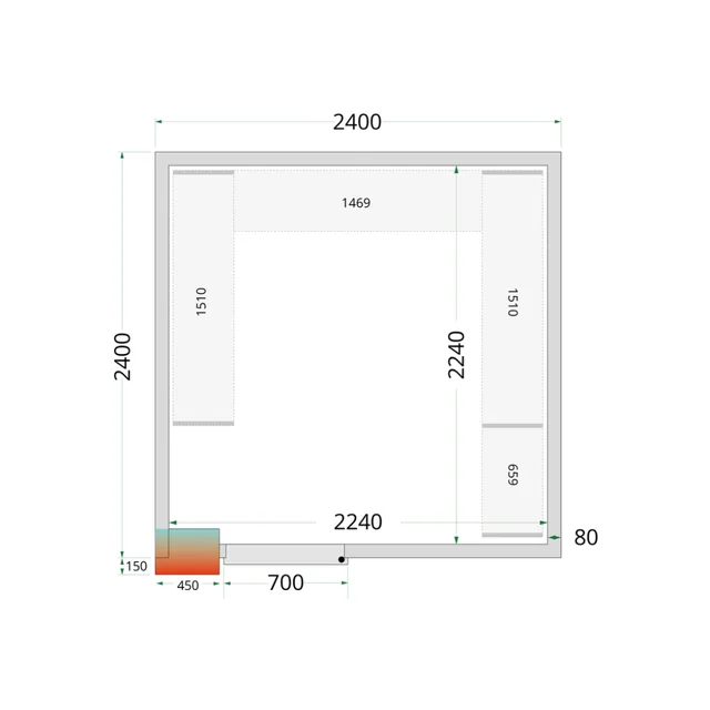 Cold store, cold room, complete 2400 x 2400 x 2200 mm CRPF2424