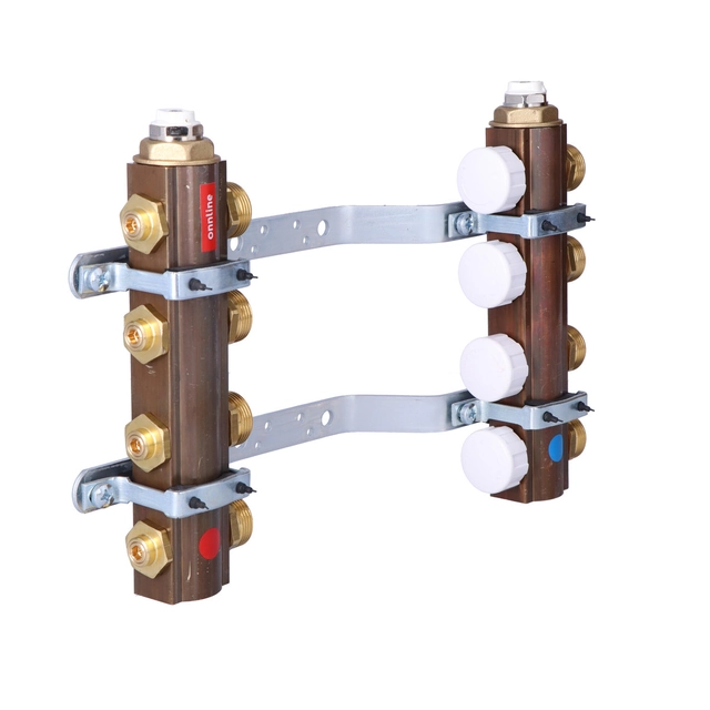 Collecteur ONNLINE pour chauffage au sol avec vannes de régulation et vannes pour actionneurs filetage M30 - circuits 4