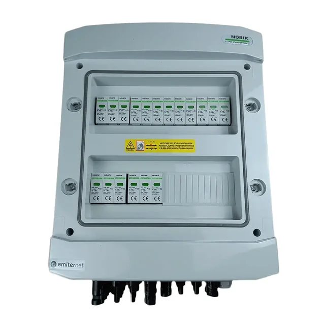 Collegamento quadro fotovoltaicoEMITER IP65 DC ermetico con scaricatore di sovratensione DC Noark 1000V tipo 2, 6x stringa FV, 6x MPPT