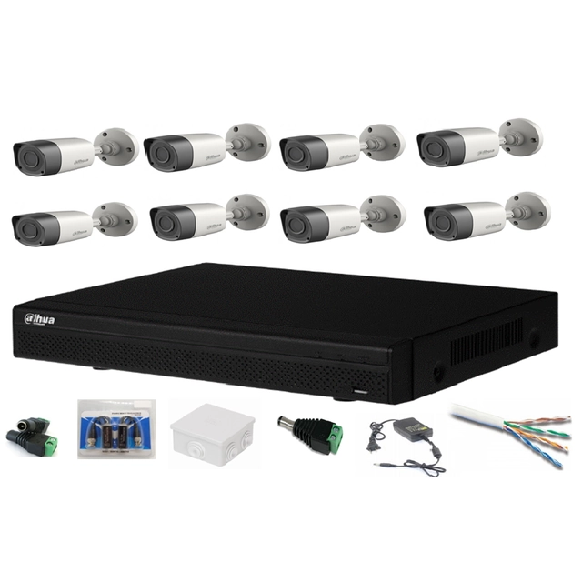 Compleet bewakingssysteem met 8 Dahua CMOS-camera's voor buiten 2MP, 3.6mm, Smart IR 20m, IP67, DVR 8 kanalen, montageaccessoires