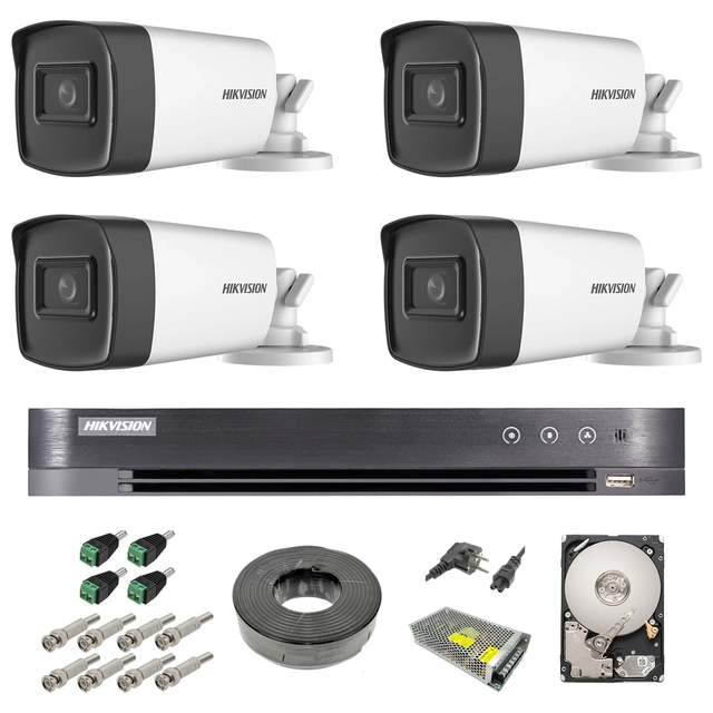 Compleet videobewakingssysteem voor buiten Hikvision 4 Turbo HD-camera's 5 MP 80 m IR met alle accessoires, HDD 1tb