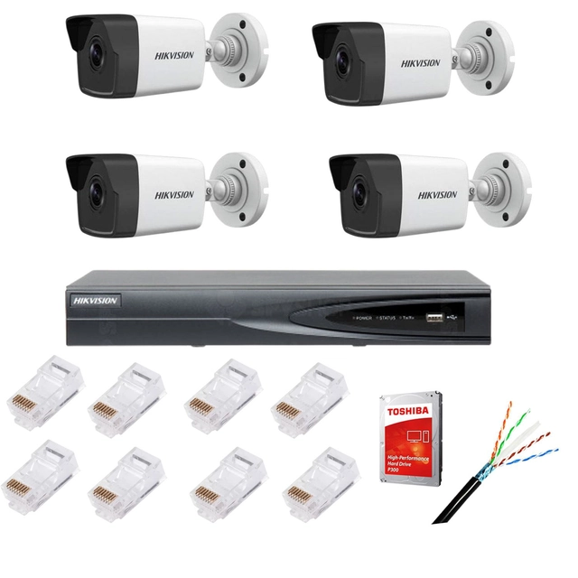 Complete bewakingskit met 4 IP-camera's, 4MP, lens 2.8mm, IR 30m, NVR 4canale IP-resolutie 4k, accessoires