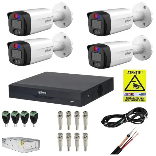 Complete Dahua surveillance system 4 cameras 5MP Alarm Microphone Smart Dual Light IR 40m White Light 40m Lens 3.6mm, DVR 4 channels 8MP 4K Audio WizSense, Mounting accessories + GIFT Rovision Sticker