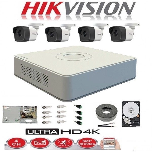 Complete kit 4 outdoor surveillance cameras 5MP TurboHD Hikvision IR 20M DVR 4 Power supply channels accessories + hard 1TB