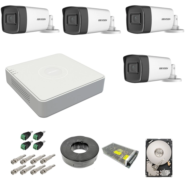 Complete kit 4 outdoor surveillance cameras 5MP TurboHD Hikvision IR 40M DVR 4 power supply channels hard accessories 1TB