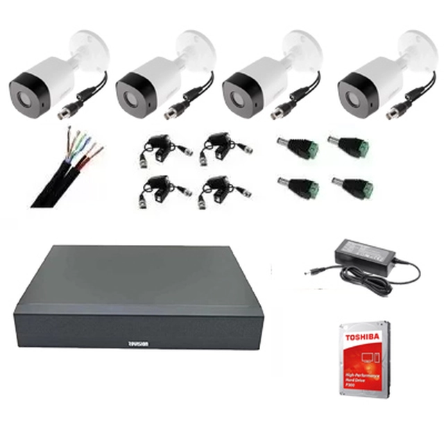 Complete professional system 4 outdoor surveillance cameras FULL HD 20m IR, DVR 4 channels, accessories + hard 1TB