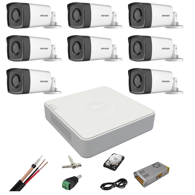 Complete surveillance kit 5 MP Hikvision Turbo HD 8 cameras, IR 40 m, HDD 2Tb, 200 m cable