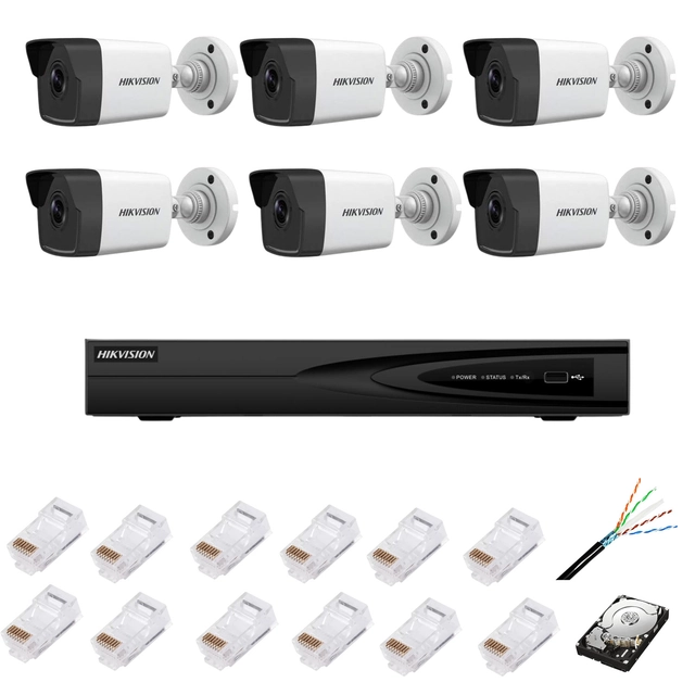 Complete surveillance system with 6 IP cameras, 4MP, 2.8mm, IR lens 30m, NVR with 8 resolution IP channels 4k, accessories