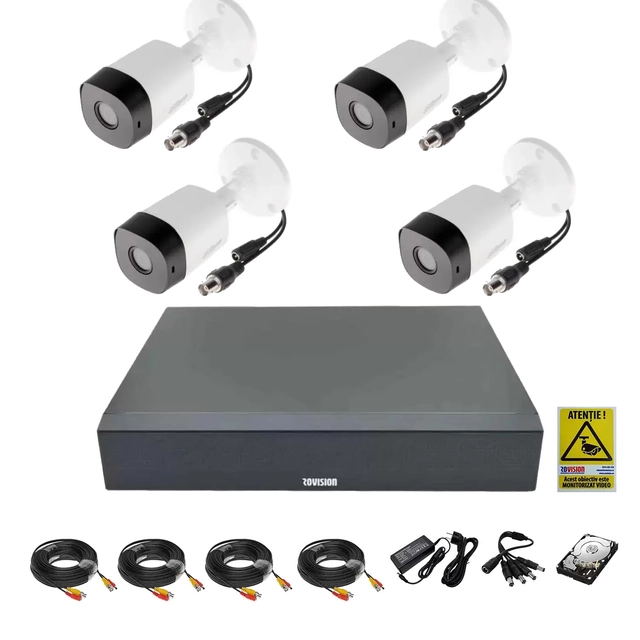 Complete video surveillance system 4 FULL HD outdoor cameras with IR 20m, DVR 4 channels, accessories and hardware 1Tb