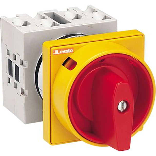 Comutator Lovato Electric Cam 0-1 4P 32A pentru instalare încorporată cu butonul galben/roșu, cu lacăt (GX3292U25)