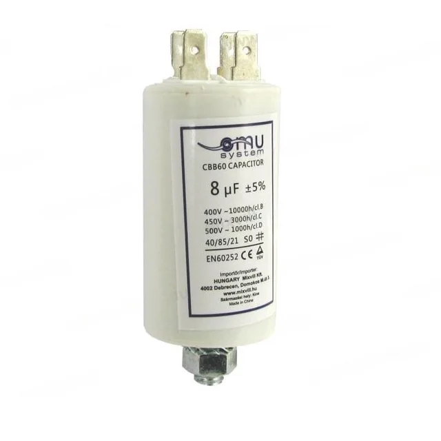 Condensator de operare 8μF 450V AC cu șurub M8, piuliță (6.4x0.8mm)