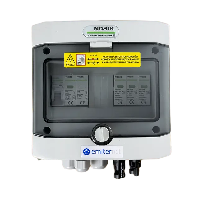 Conexão do painel fotovoltaicoDCAC hermético IP65 EMITER com pára-raios DC Noark 1000V tipo 2, 1 x cadeia PV, 1 x MPPT // limite.AC Noark tipo 2, 10A 1-F