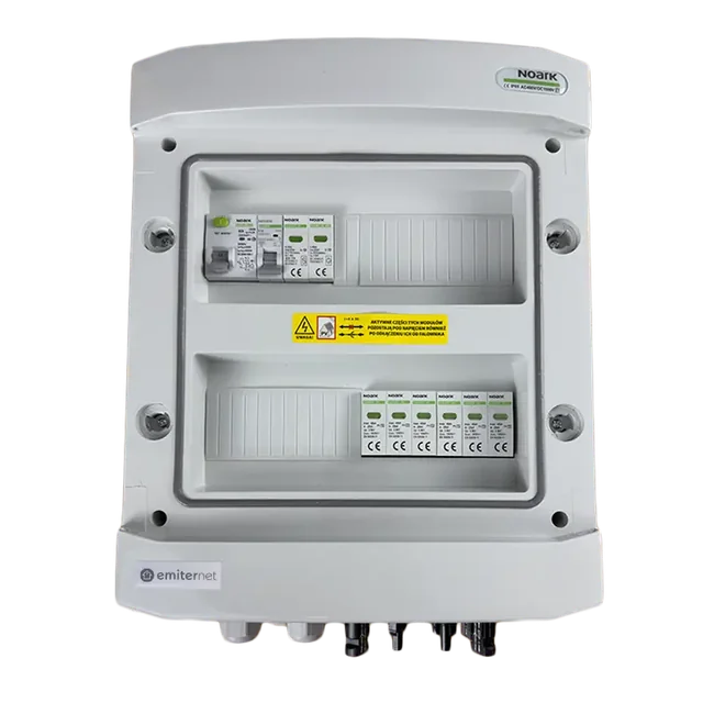 Conexão do painel fotovoltaicoDCAC hermético IP65 EMITER com pára-raios DC Noark 1000V tipo 2, 2 x cadeia PV, 2 x MPPT // limite.AC Noark tipo 2, 10A 1-F, RCD 100mA