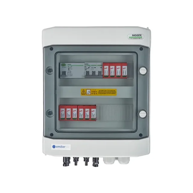 Conexão do painel fotovoltaicoEMITER hermético DCAC IP65 com pára-raios DC Dehn 1000V tipo 2, 2 x cadeia PV, 2 x MPPT // limite.AC Dehn tipo 2, 20A 3-F, RCD tipo A 40A/300mA