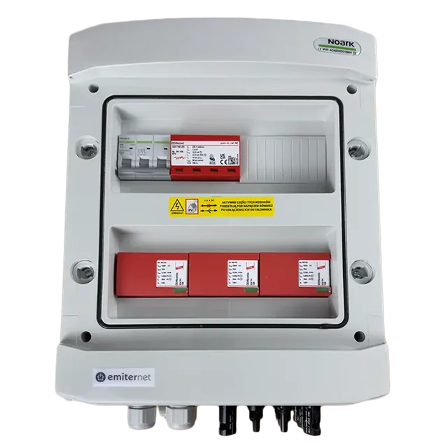 Conexão do painel fotovoltaicoEMITER hermético DCAC IP65 com pára-raios DC Dehn 1000V tipo 2, 3 x cadeia PV, 3 x MPPT // limite.AC Dehn tipo 2, 63A 3-F, RCD tipo A 63A/300mA