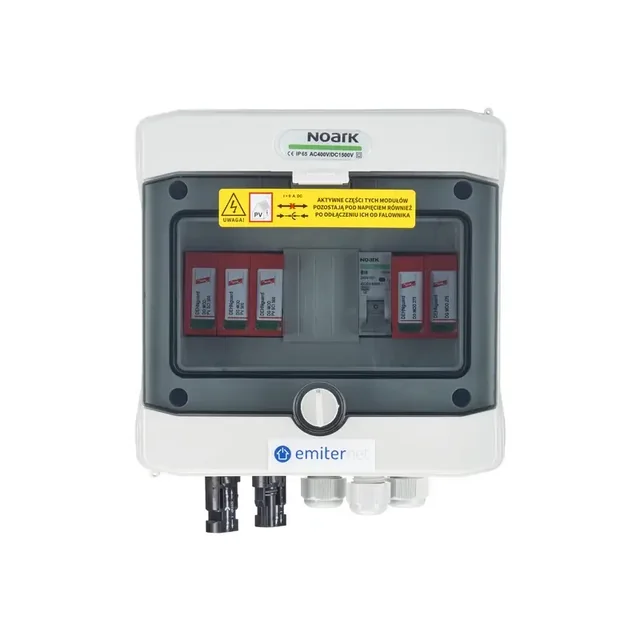 Conexión del cuadro fotovoltaicoDCAC hermético IP65 EMISOR con descargador de sobretensiones DC Dehn 1000V tipo 2, 1 x cadena PV, 1 x MPPT // límite.AC Dehn tipo 2, 10A 1-F