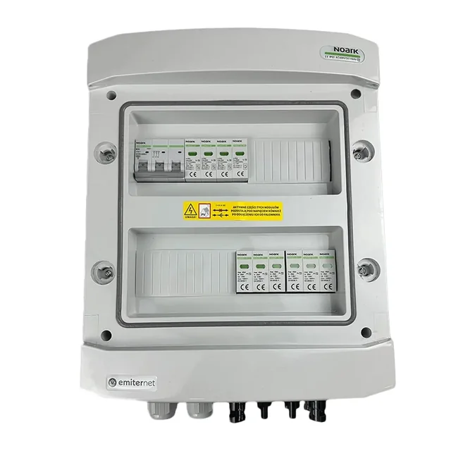 Conexión del cuadro fotovoltaicoDCAC hermético IP65 EMISOR con descargador de sobretensiones DC Dehn 1000V tipo 2, 2 x cadena PV, 2 x MPPT // límite.AC Dehn tipo 2, 10A 3-F