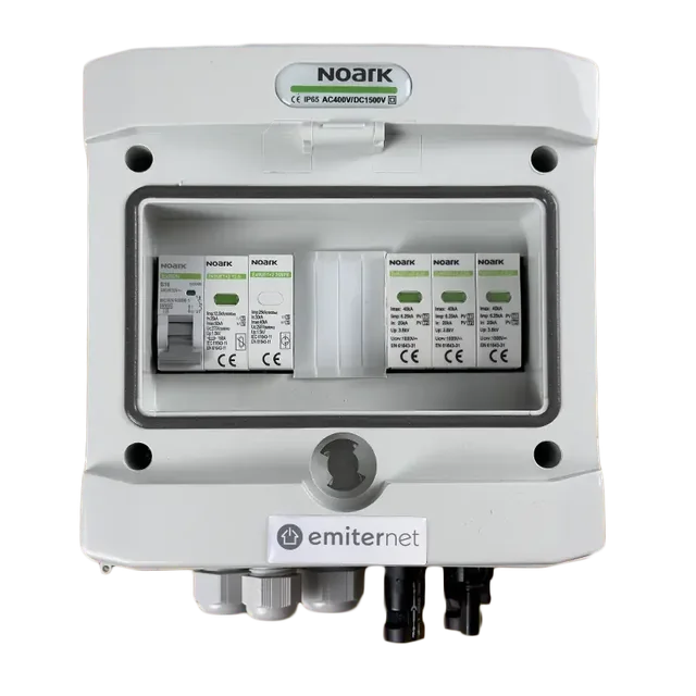 Conexión del cuadro fotovoltaicoDCAC hermético IP65 EMISOR con descargador de sobretensiones de CC Noark 1000V tipo 2, 1 x cadena fotovoltaica, 1 x MPPT // límite.AC Noark tipo 2, 20A 1-F