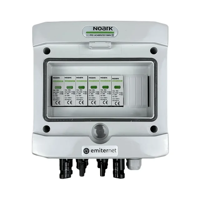 Conexión del cuadro fotovoltaicoEMISOR IP65 hermético de CC con descargador de sobretensiones de CC Noark 1000V tipo 1+2, 2x Cadena fotovoltaica, 2x MPPT