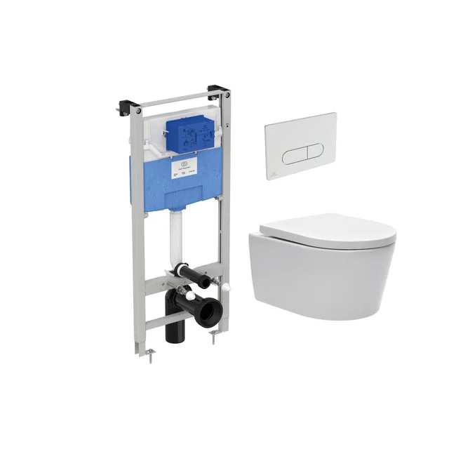 Conjunto de estructura de inodoro Ideal Standard ProSys, con WC SAT Brevis, botón cromado y tapa con freno