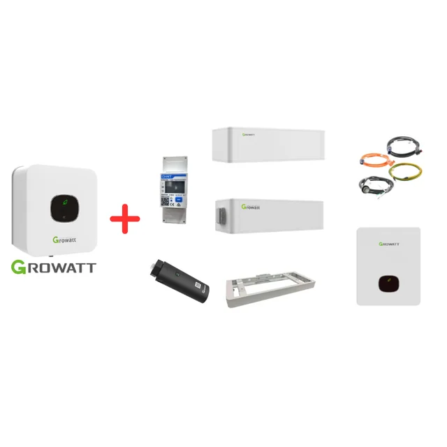 Conjunto GROWATT: Inversor Híbrido MIN-3000TL-XH 1-fazowy + Bateria 5 kWh + BDC 95045-A1 + Base + Cabos + Medidor Inteligente + WiFi + Caixa de Backup