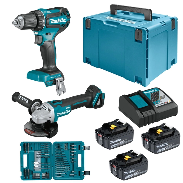 Conjunto Makita 18V Chave de fenda DDF485 + moedor DGA504 +3x3 Ah + Um conjunto de acessórios 100 pcs.