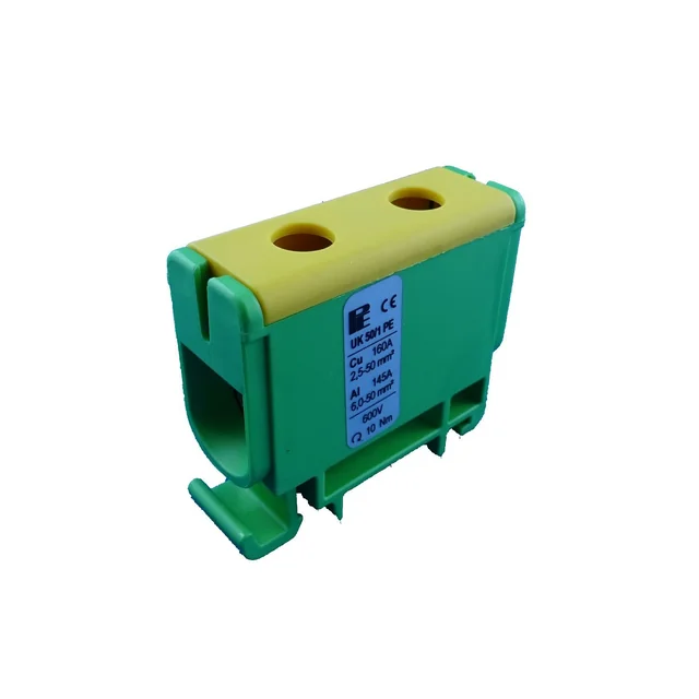 Connection terminal clamp 1 pole green yellow Cu-Al 2x50mm²​​​​​​​ mounting on DIN rail 35mm 145A (Al) 160A ( Cu)