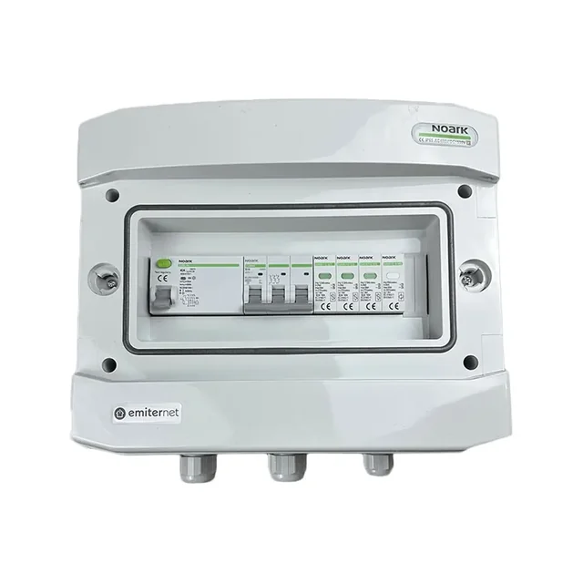 Connexion au tableau photovoltaïqueÉMETTEUR AC hermétique IP65 avec parafoudre AC type Noark 1+2, 16A 3-F, RCD type A 40A/300mA